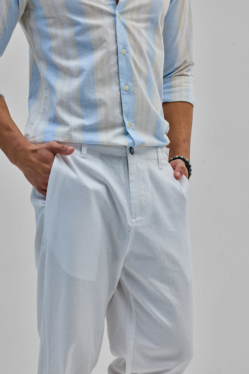 White Textured Relaxed Fit Trousers