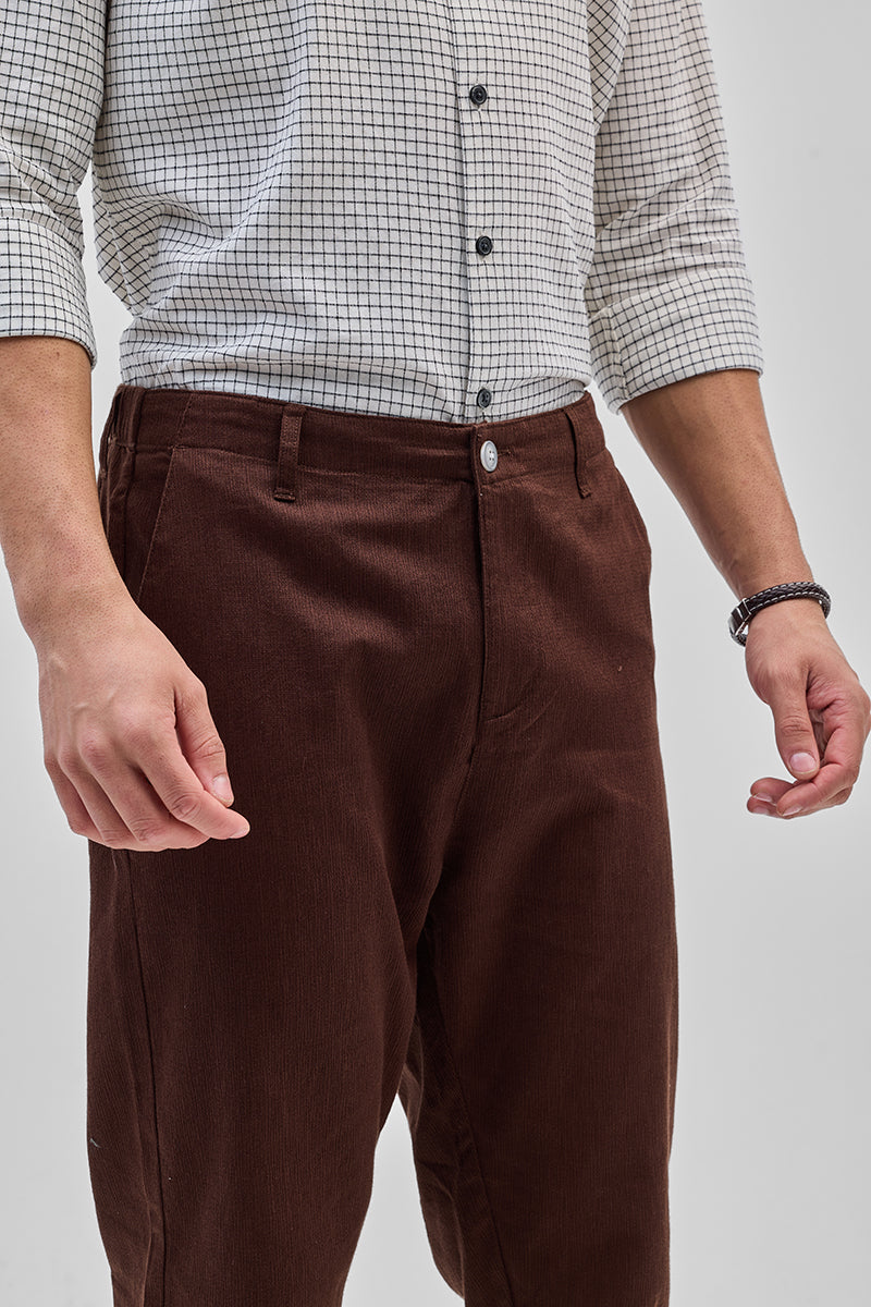 Brown Textured Relaxed Fit Trousers