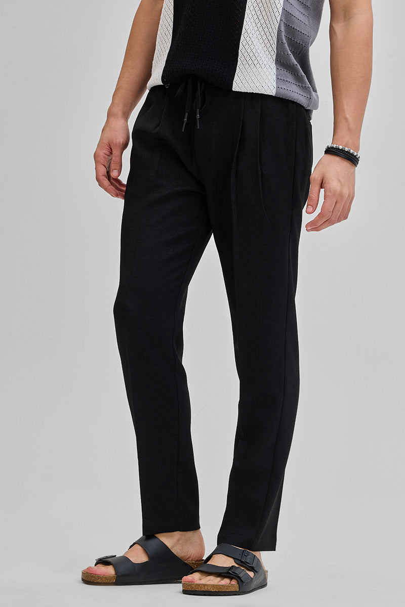 Black Textured Relaxed Fit Trousers