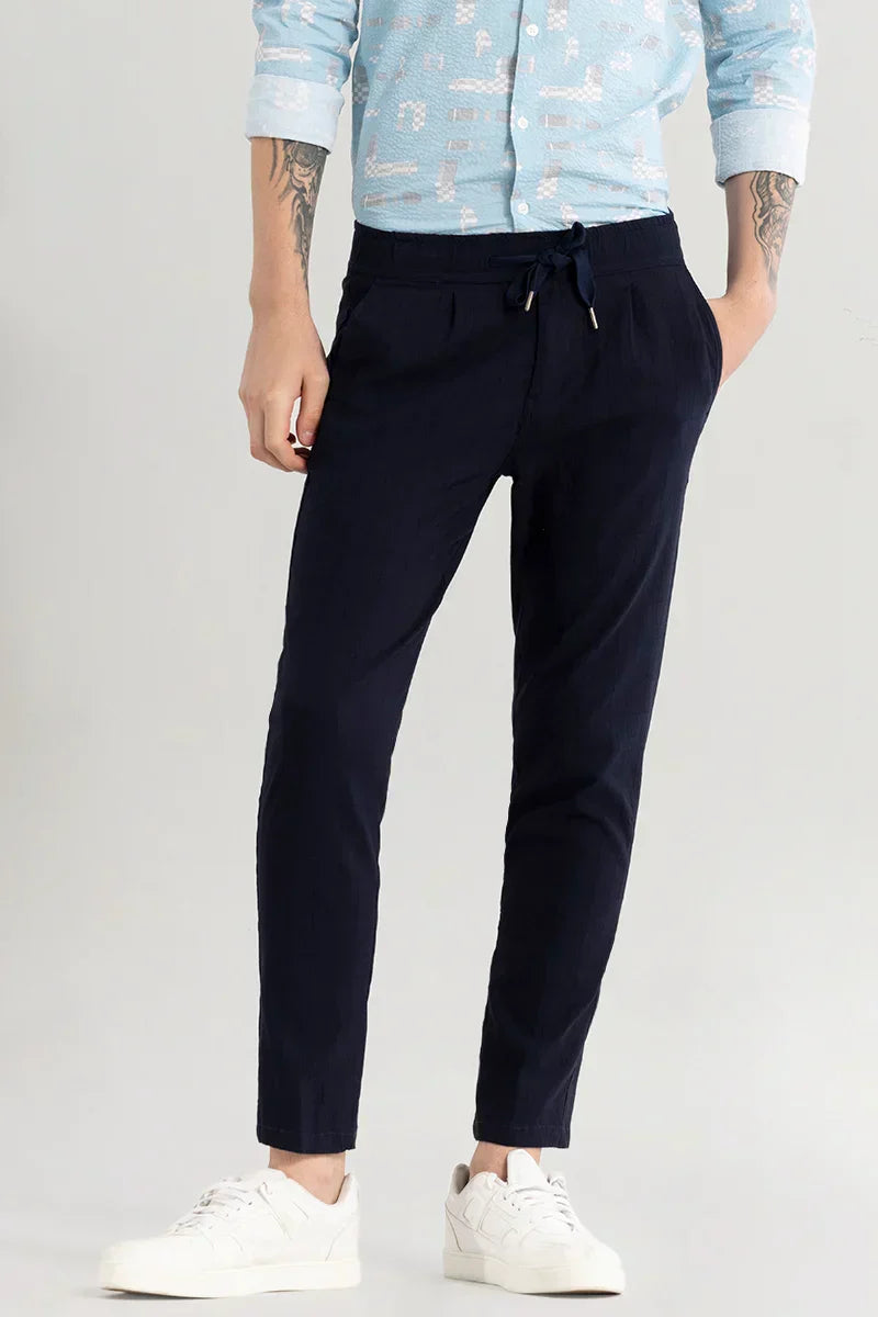 Veluxe Navy Checked Linen Blend Pant