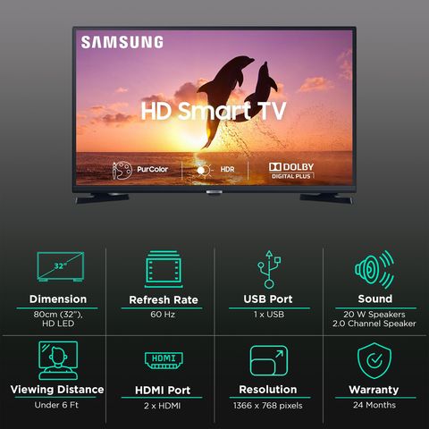 SAMSUNG T4380A Series 80 cm (32 inch) HD LED Smart Tizen TV with PurColor (2022 model)