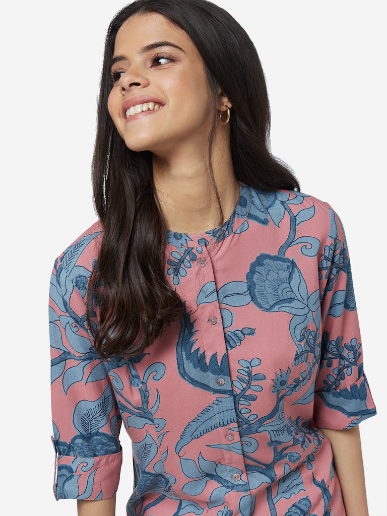 Utsa Pink Tropical Print A-line Kurti