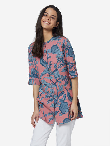 Utsa Pink Tropical Print A-line Kurti