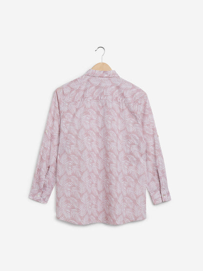 Utsa Light Pink Leaf Printed Ethnic Cotton Shirt