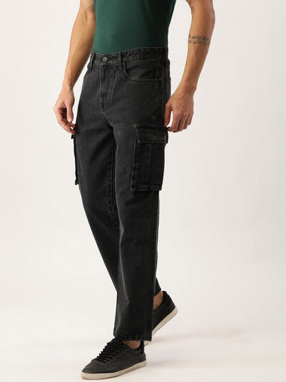 Men Charcoal Relaxed Fit Solid Cargo Jeans