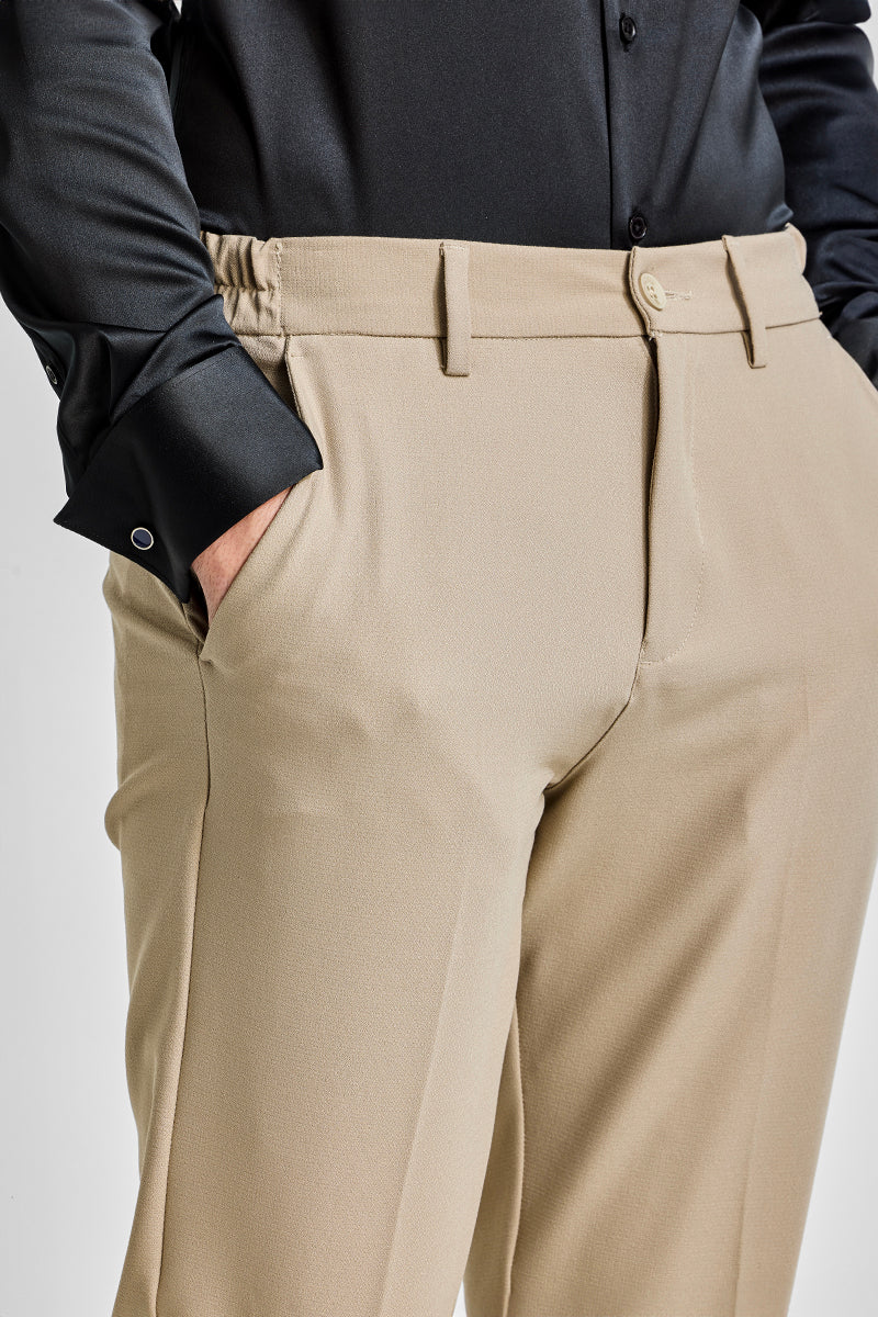 Beige Plain Regular Fit Trousers