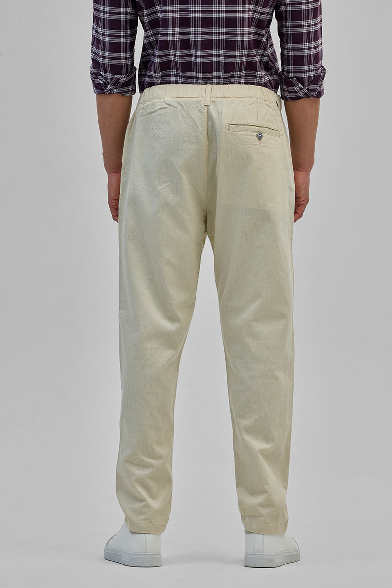 Cream Textured Relaxed Fit Trousers