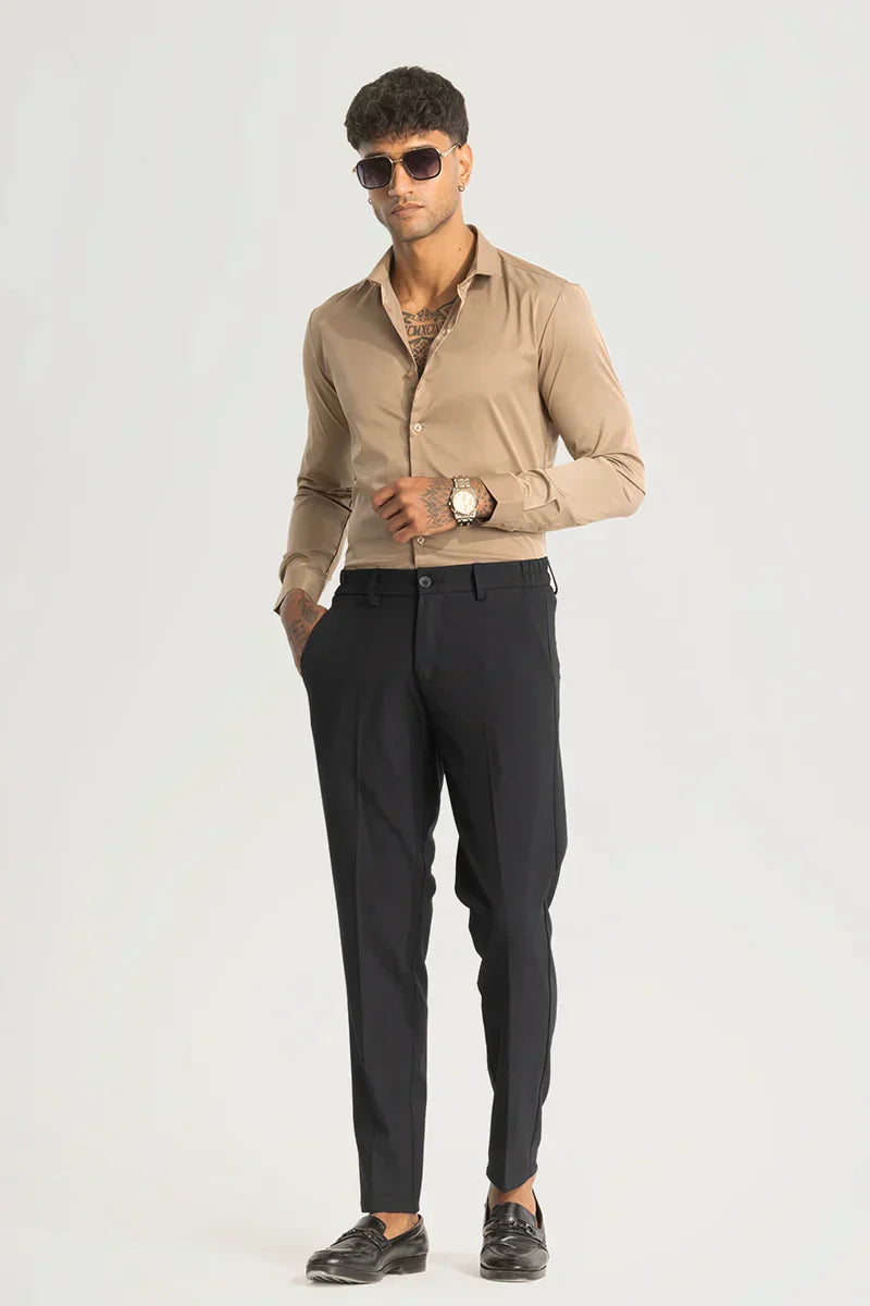 Charcoal Grey Self-Design Slim Fit Trousers