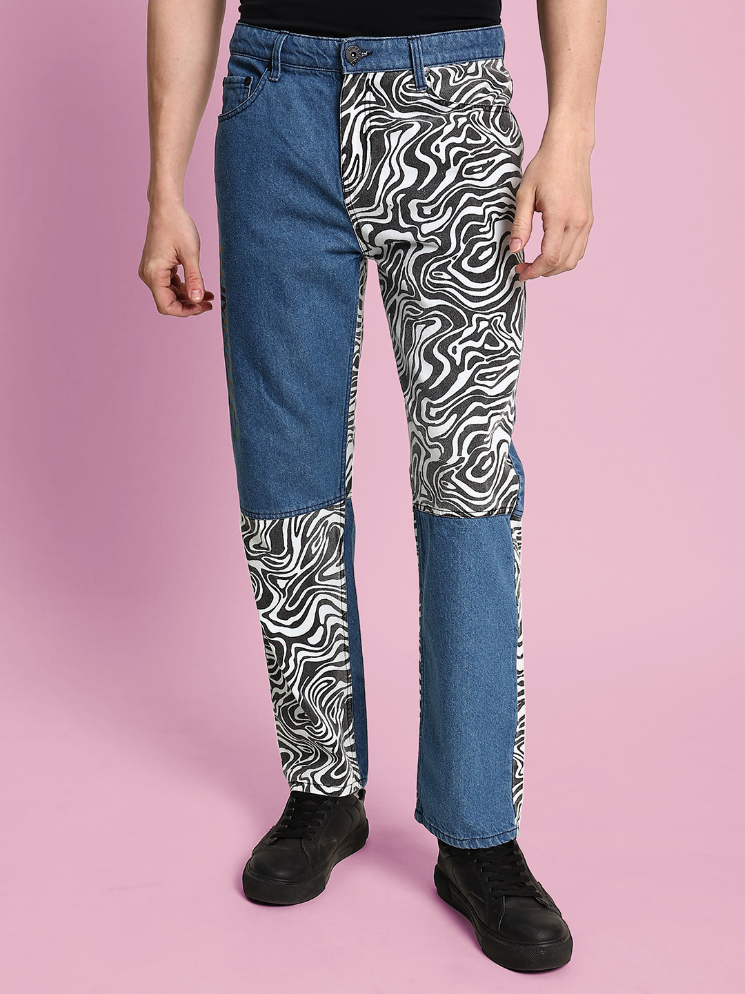 Men's Trendy Blue Jeans with Swirls Print Cut & Sew