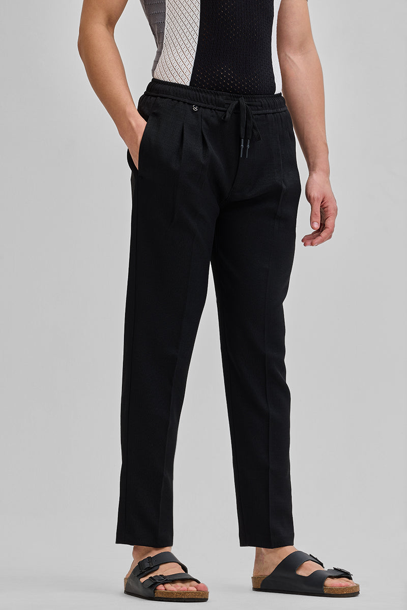 Black Textured Relaxed Fit Trousers