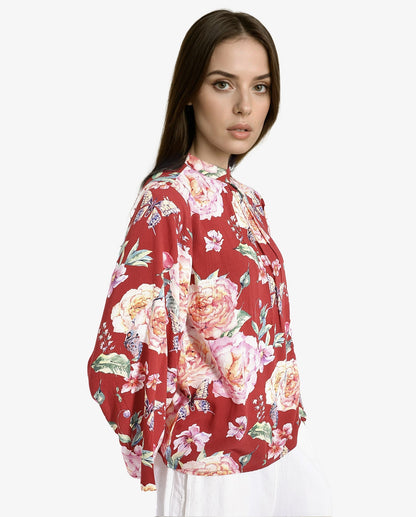 Rareism Women Naplesco Maroon Bell Sleeves High Neck Button Closure Floral Print Top