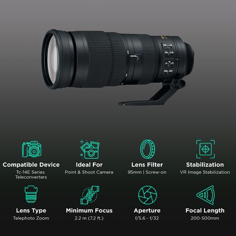 Nikon AF-S NIKKOR 200-500mm f/5.6 - f/32 Telephoto Zoom Lens for Nikon F Mount (Autofocus)