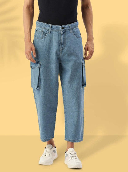 Men Light Blue Cropped Loose Fit Solid Cargo Jeans