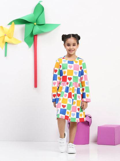 Girls' Colorful Heart Print Patchwork Dress - Fun & Playful Everyday Wear