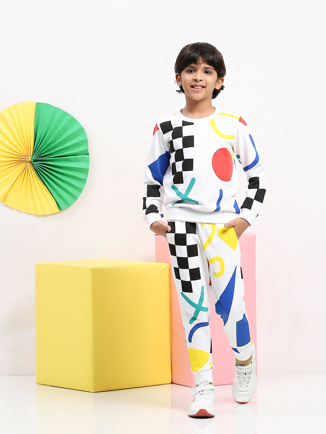 Spunkies White Geo Pop Cotton-Poly Terry Knit Geometric Prints Full Sleeve Boys Co-ord Set