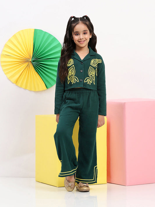 Spunkies Cotton Gauze Knit Embroidery Regular Casual Wear Set Girls Full Sleeve Green Soft Fabric