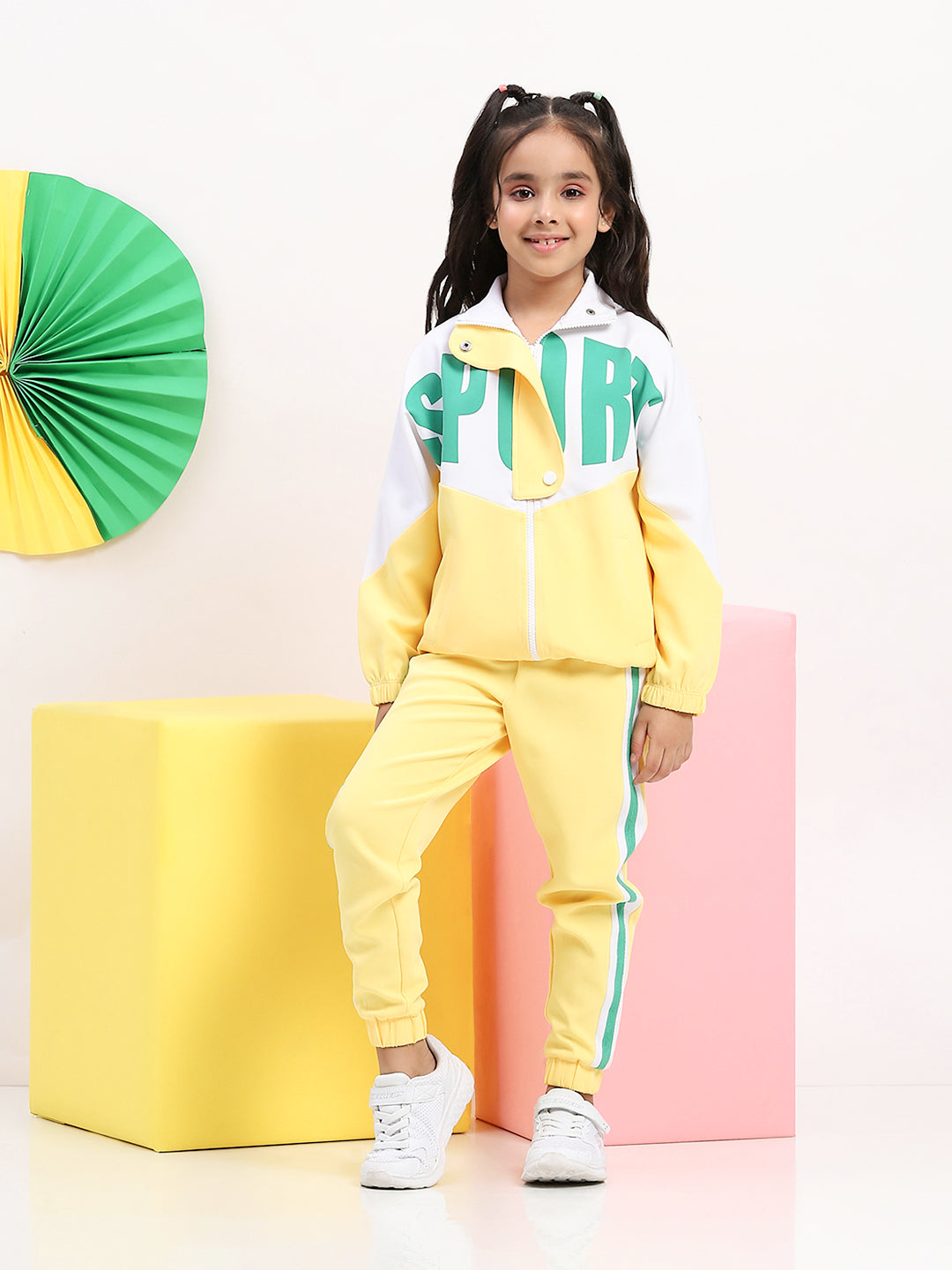 Spunkies Banana Crepe Polyester Bold Printed Design Full Sleeve Yellow Girls Co-ord Set