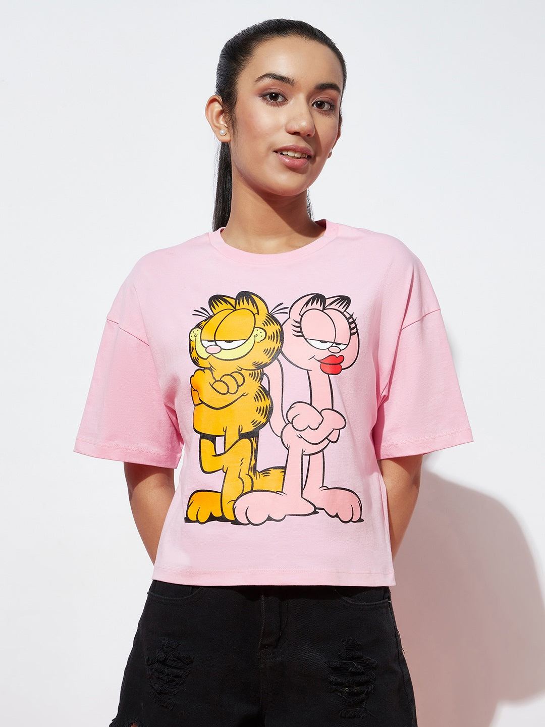 Teen Girls Oversized Pink Garfield T-shirt