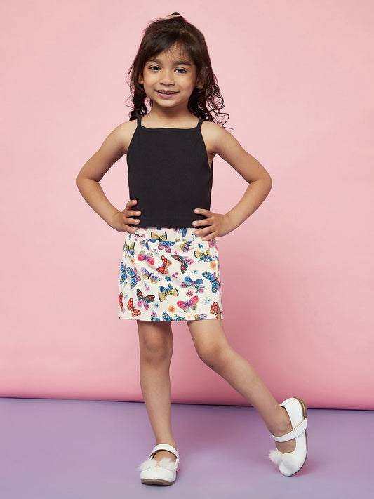 Kid Girls' Black Sleeveless Top and Butterfly Print White Skirt