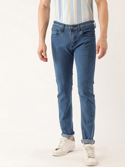 Men Mid Blue Tapered Fit Solid Jeans