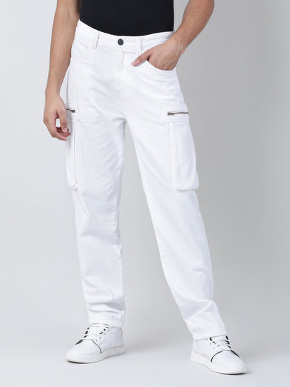 Men White Straight Fit Solid Cargo Jeans with Zipper Pockets