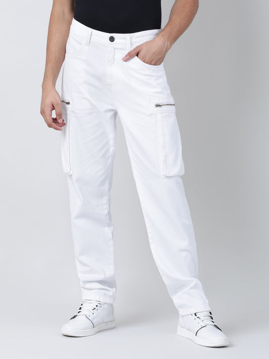 Men White Straight Fit Solid Cargo Jeans with Zipper Pockets