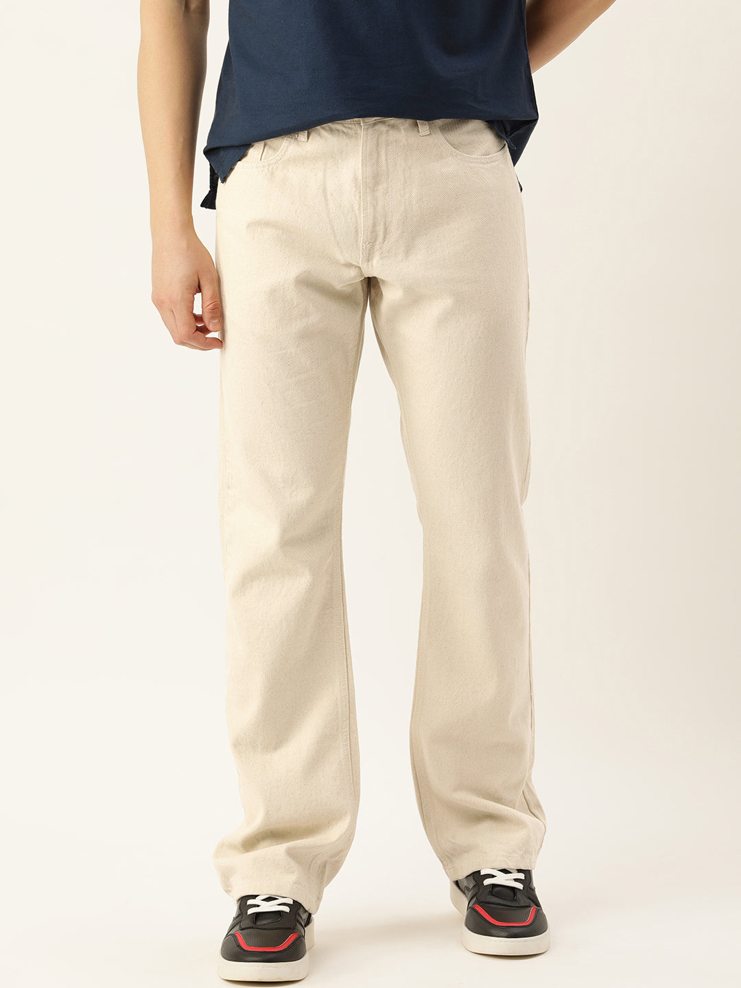 Men Ecru Boot-Cut Solid Jeans