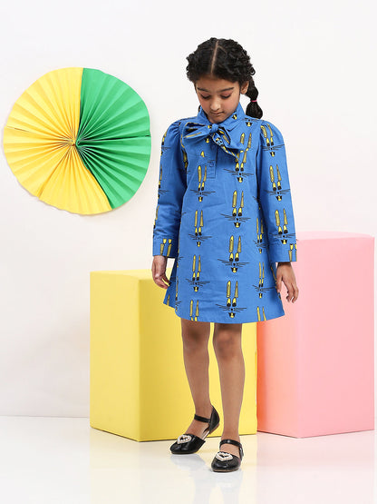 Girls' Blue Cartoon Print Dress with Bow Collar - Fun & Stylish Outfit