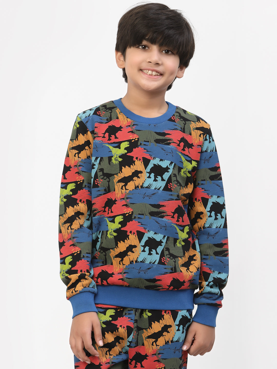 Boys Winter Dinosaur Print Sweatshirt Blue