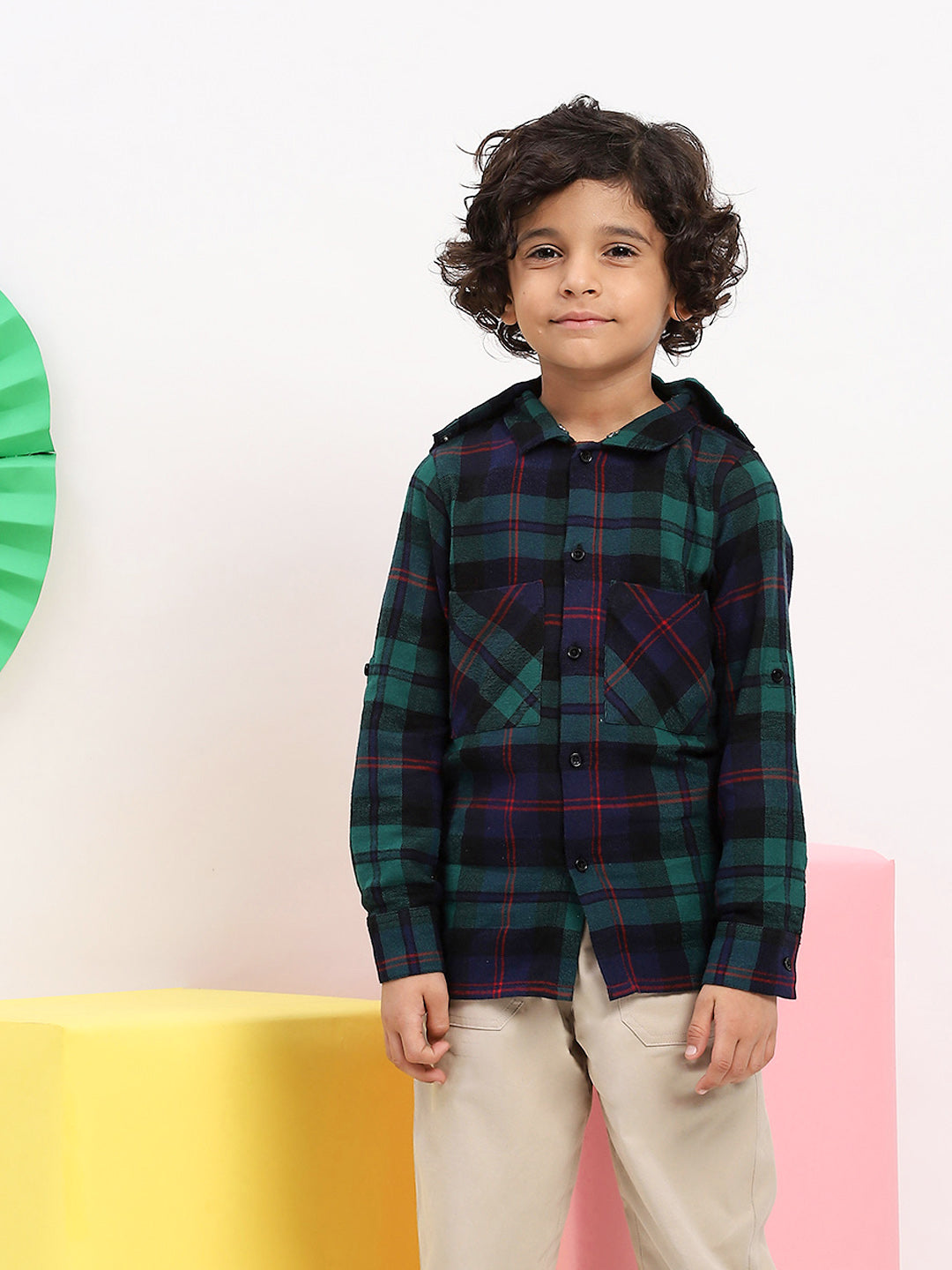 Boys Green & Navy Plaid Flannel Shirt