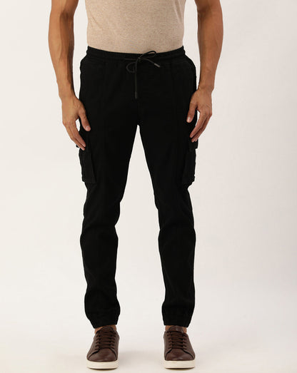 Men Black Regular Fit Solid Cargo Jogger Jeans