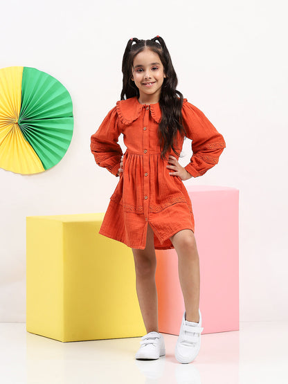 Girls' Rust Button-Down Dress with Ruffled Collar & Lace Detailing - Vintage Charm