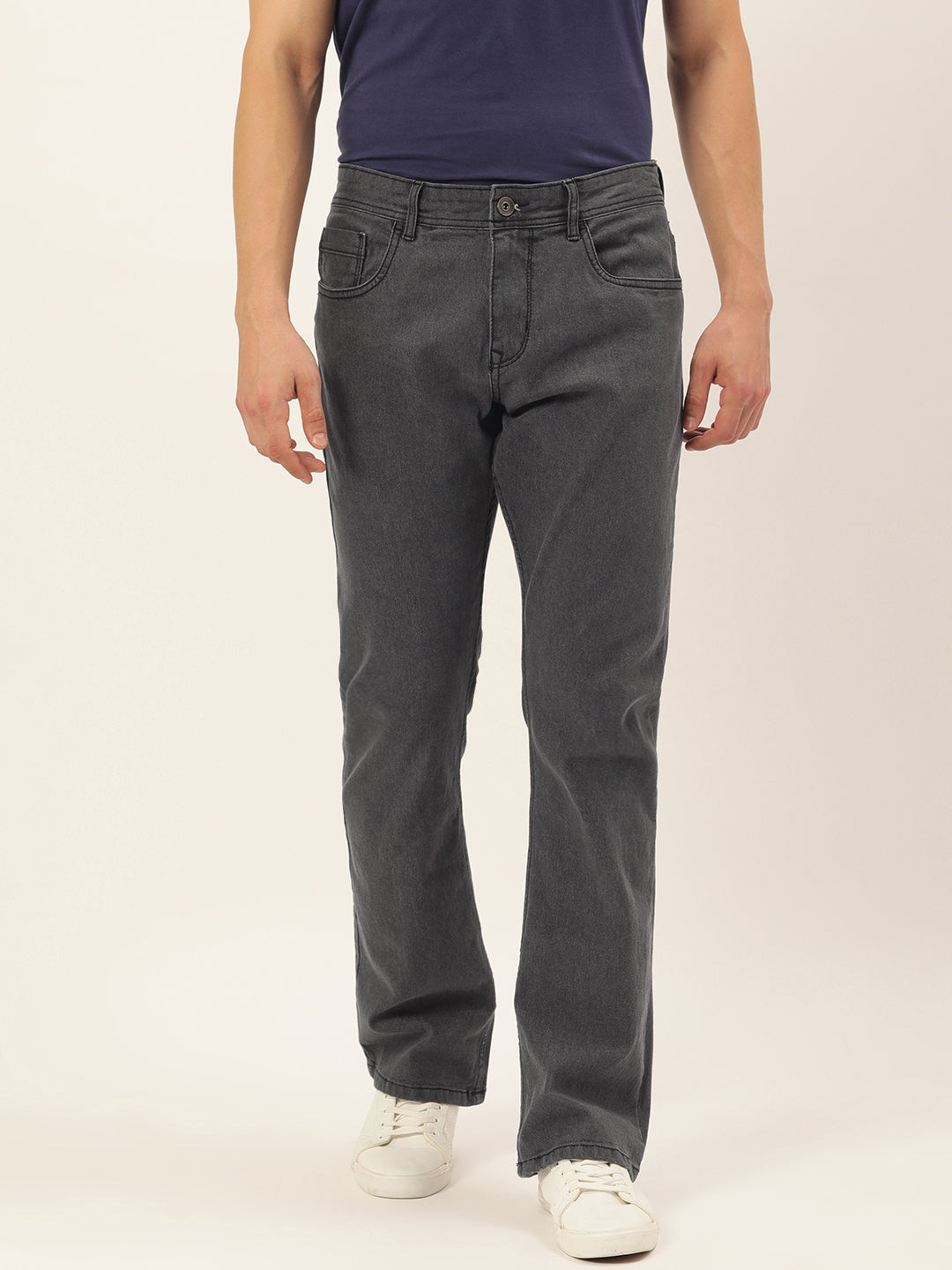 Men Charcoal Grey Boot-Cut Solid Jeans