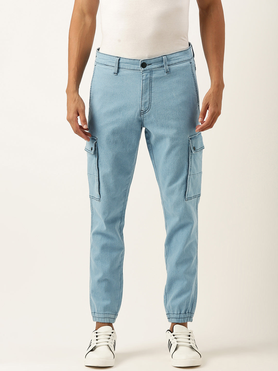 Men Light Blue Regular Fit Solid Cargo Jogger Jeans