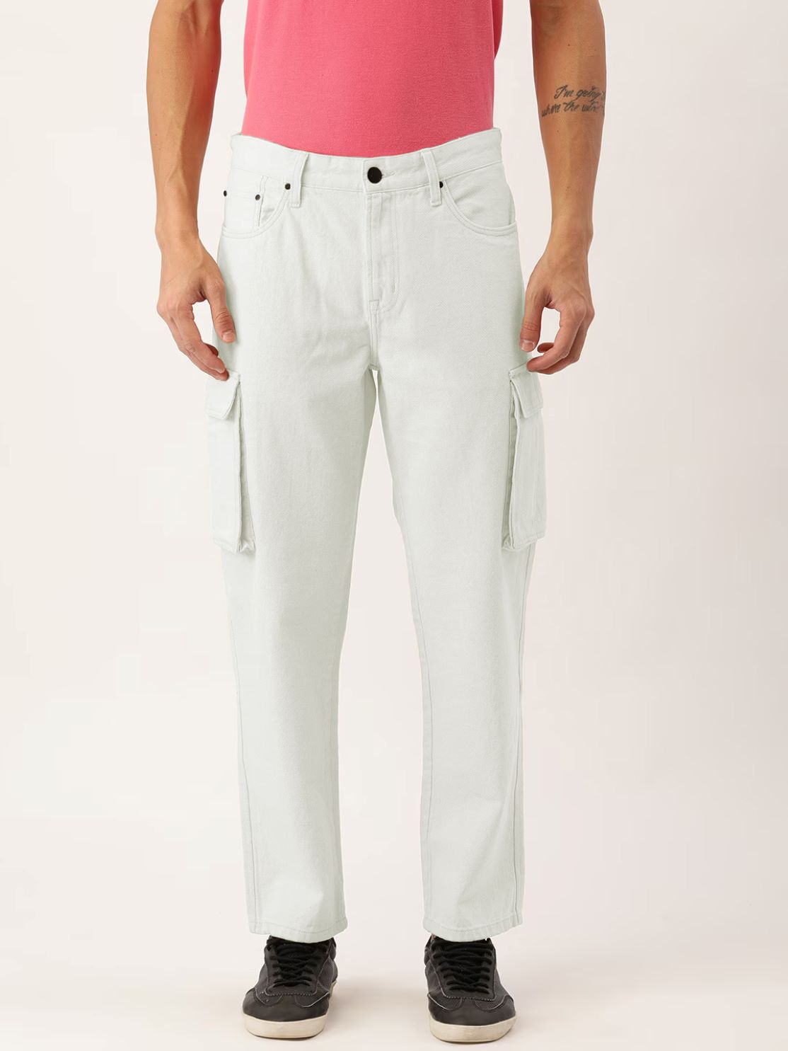 Men White Relaxed Fit Solid Cargo Jeans