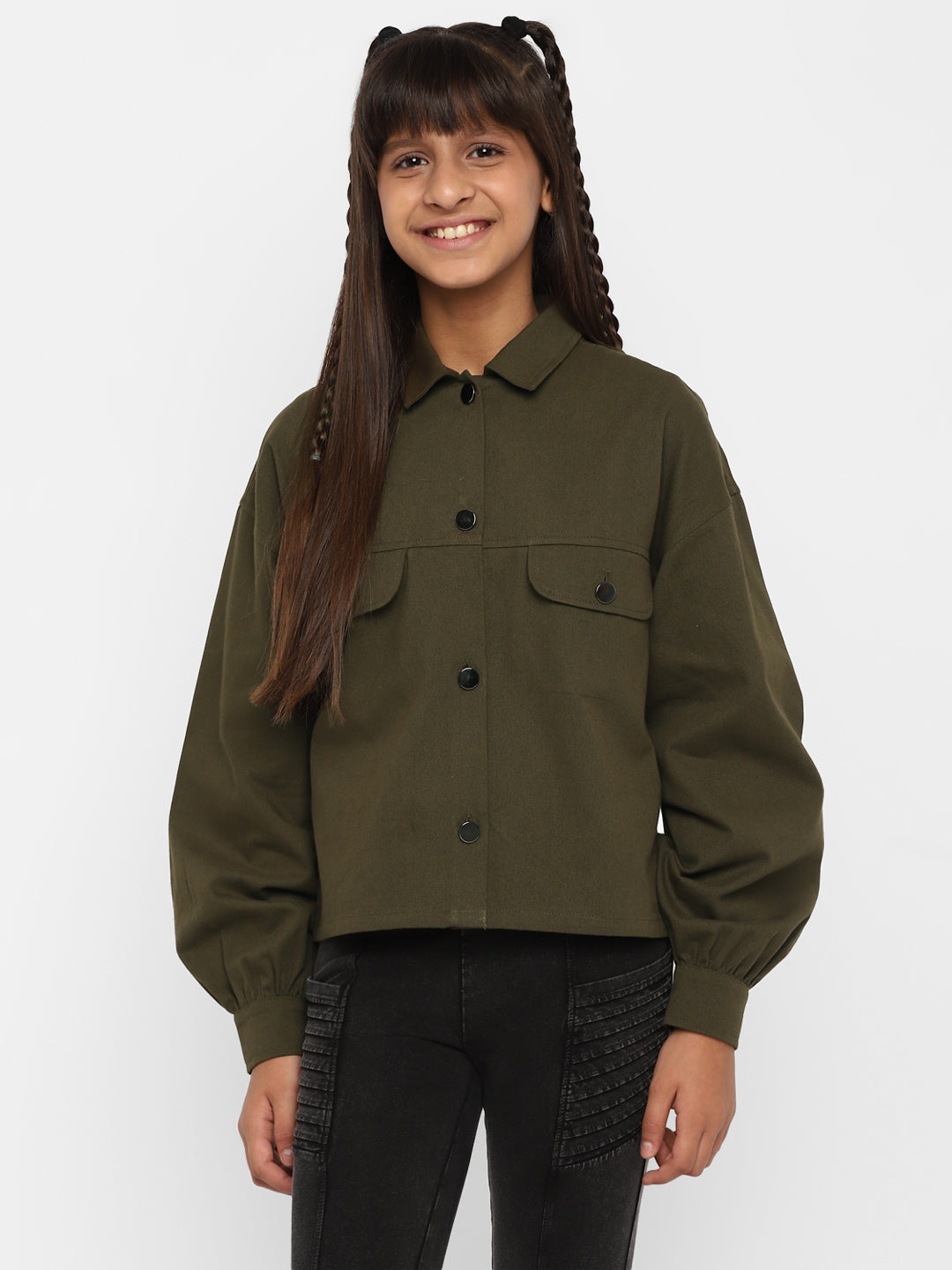 Spunkies-Girls-Full-Sleeve-Jacket-Olive