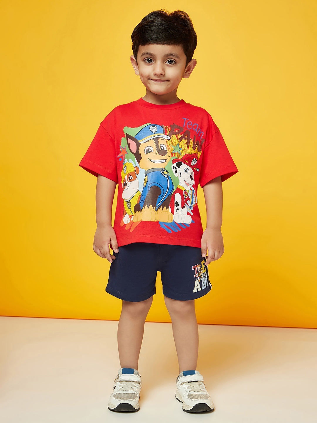 Kid Boys Red Paw Patrol Printed T-Shirt and Dark Blue Shorts Set!