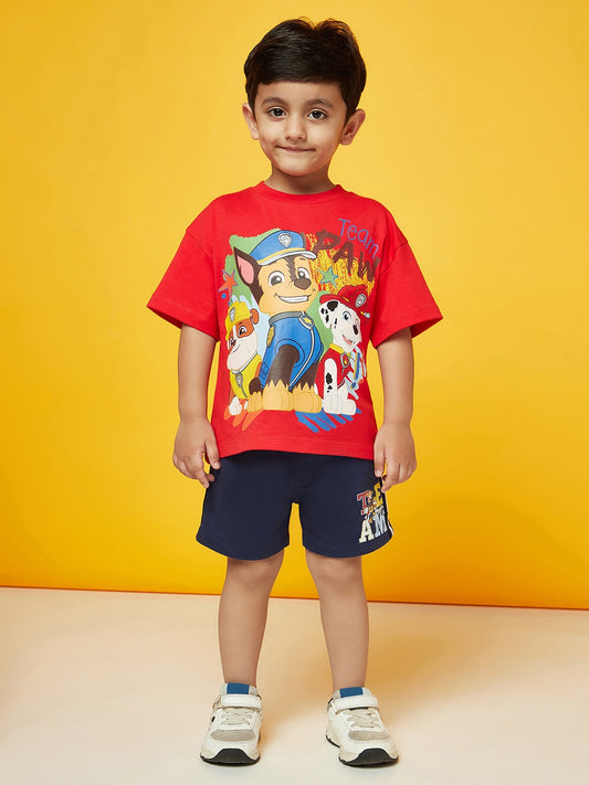 Kid Boys Red Paw Patrol Printed T-Shirt and Dark Blue Shorts Set!