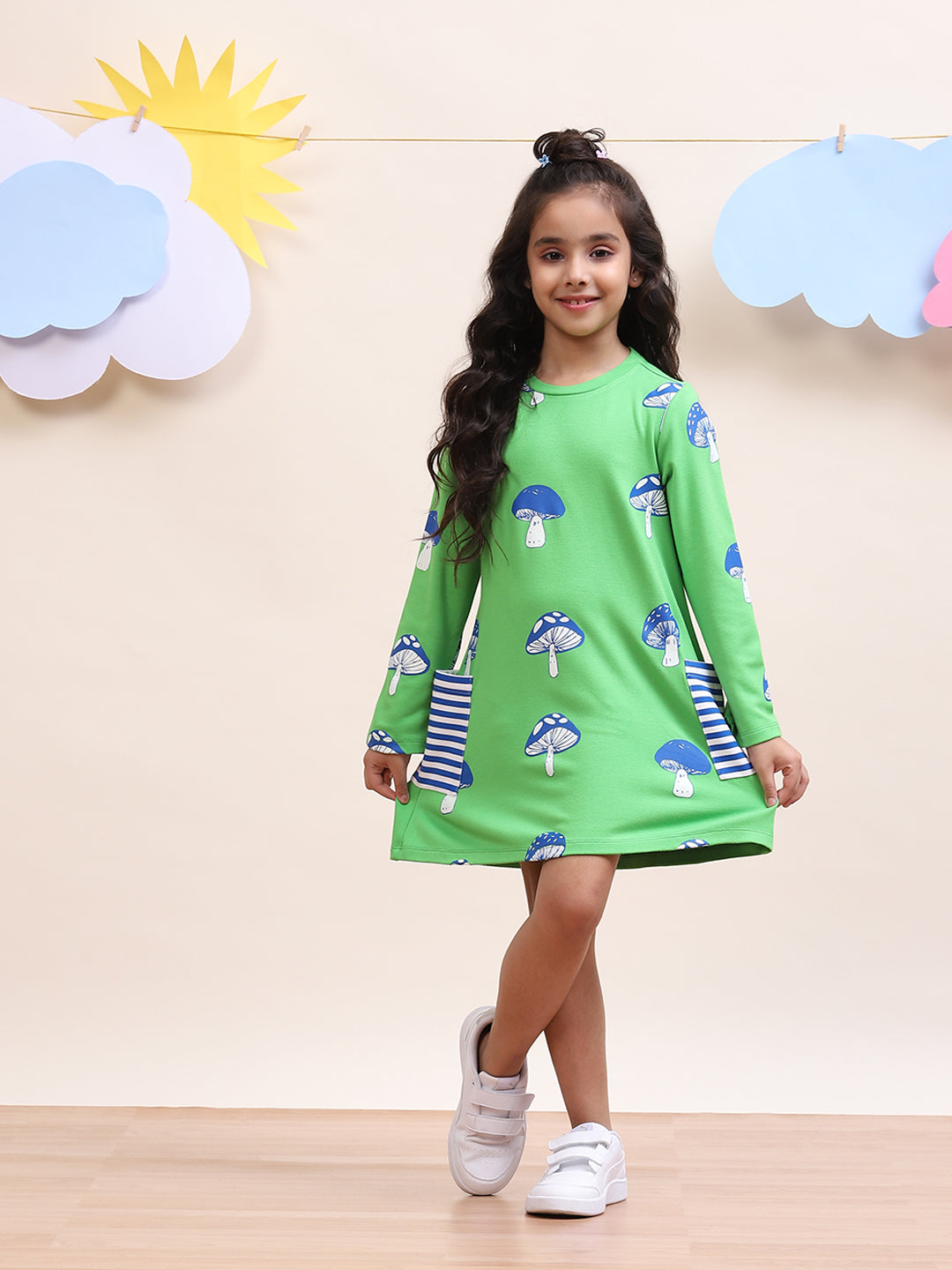 Girls Green Mushroom Print Casual Dress