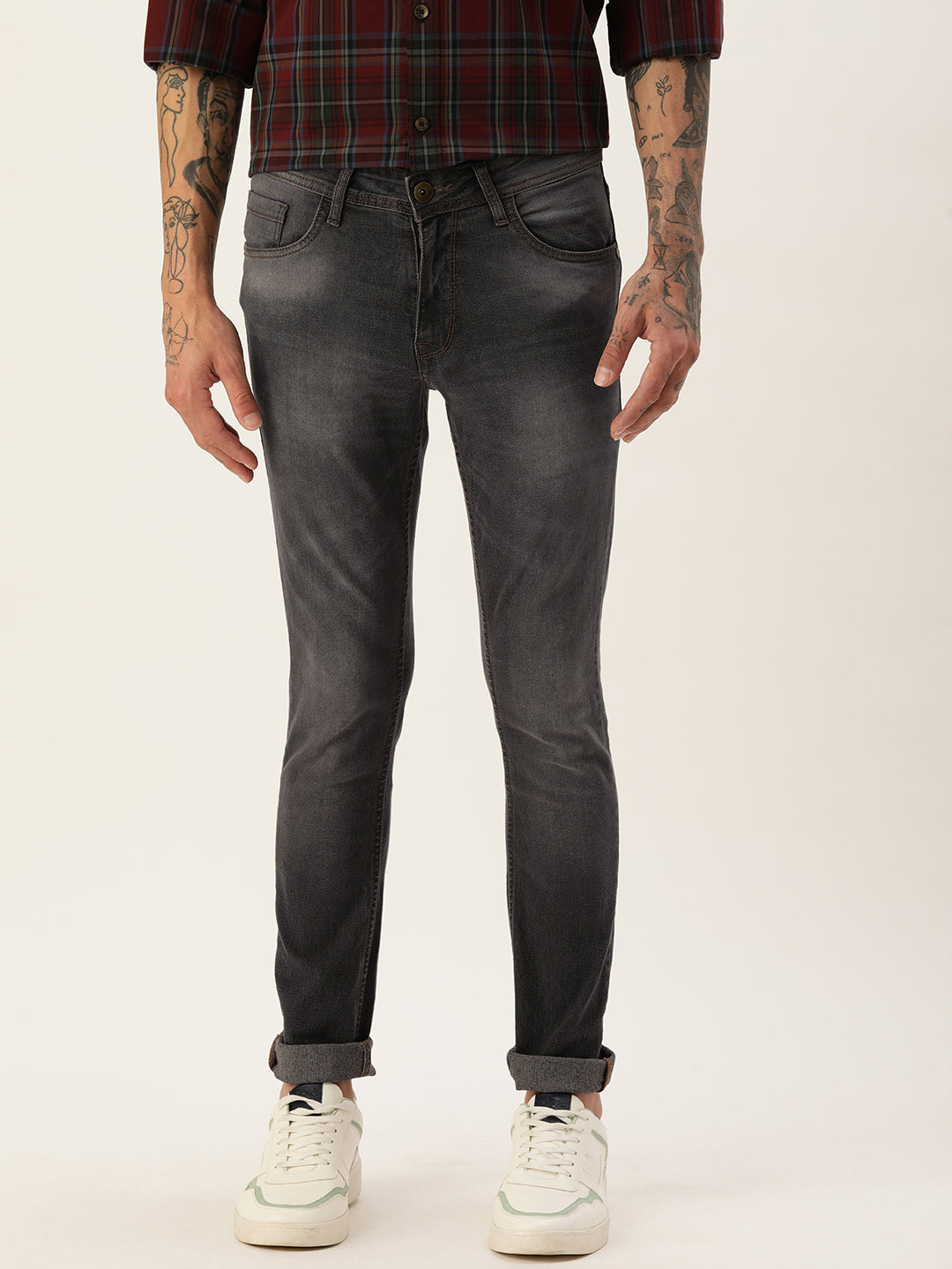 Men Grey Skinny Fit Solid Jeans