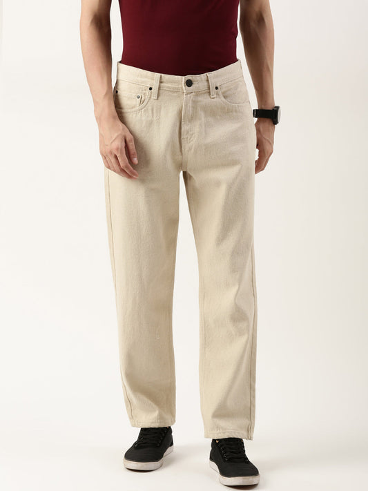 Men Ecru Relaxed Fit Solid Jeans