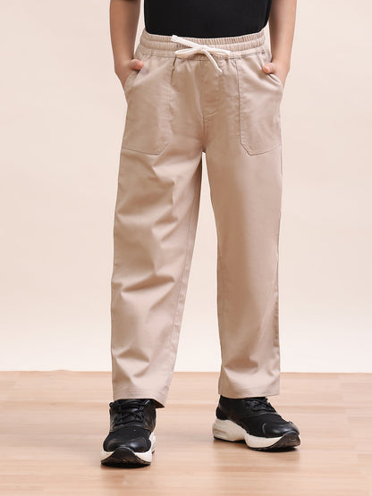 Spunkies Twill Cotton Woven Solid Regular Casual Wear Pant Boys Beige Soft Fabric