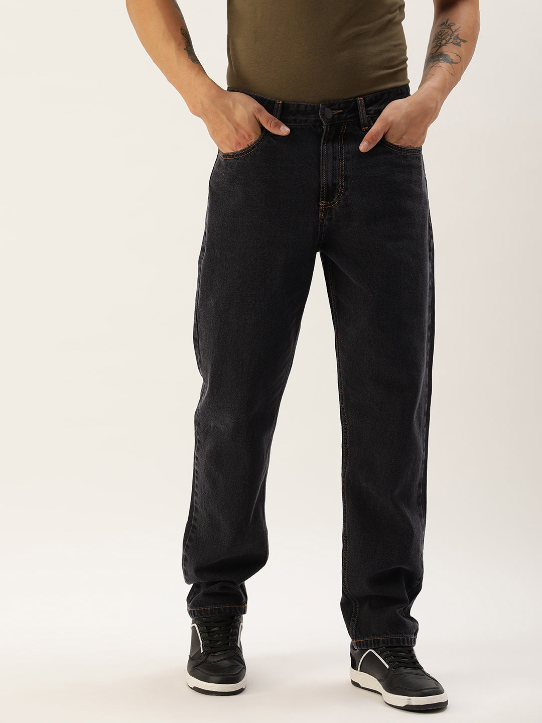 Men Charcoal Straight Fit Solid Jeans