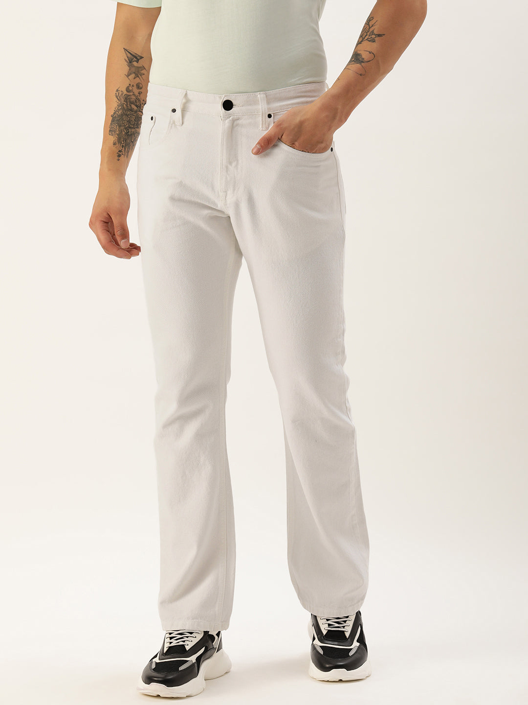 Men White Boot-Cut Solid Jeans