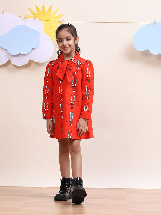 Girls' Red Bow-Tie Dress with Fun Bunny Print - Stylish & Playful