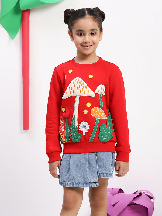 Spunkies Cotton Fleece Knit Padded Mushroom Embroidered Red Full Sleeves Girls Sweatshirt