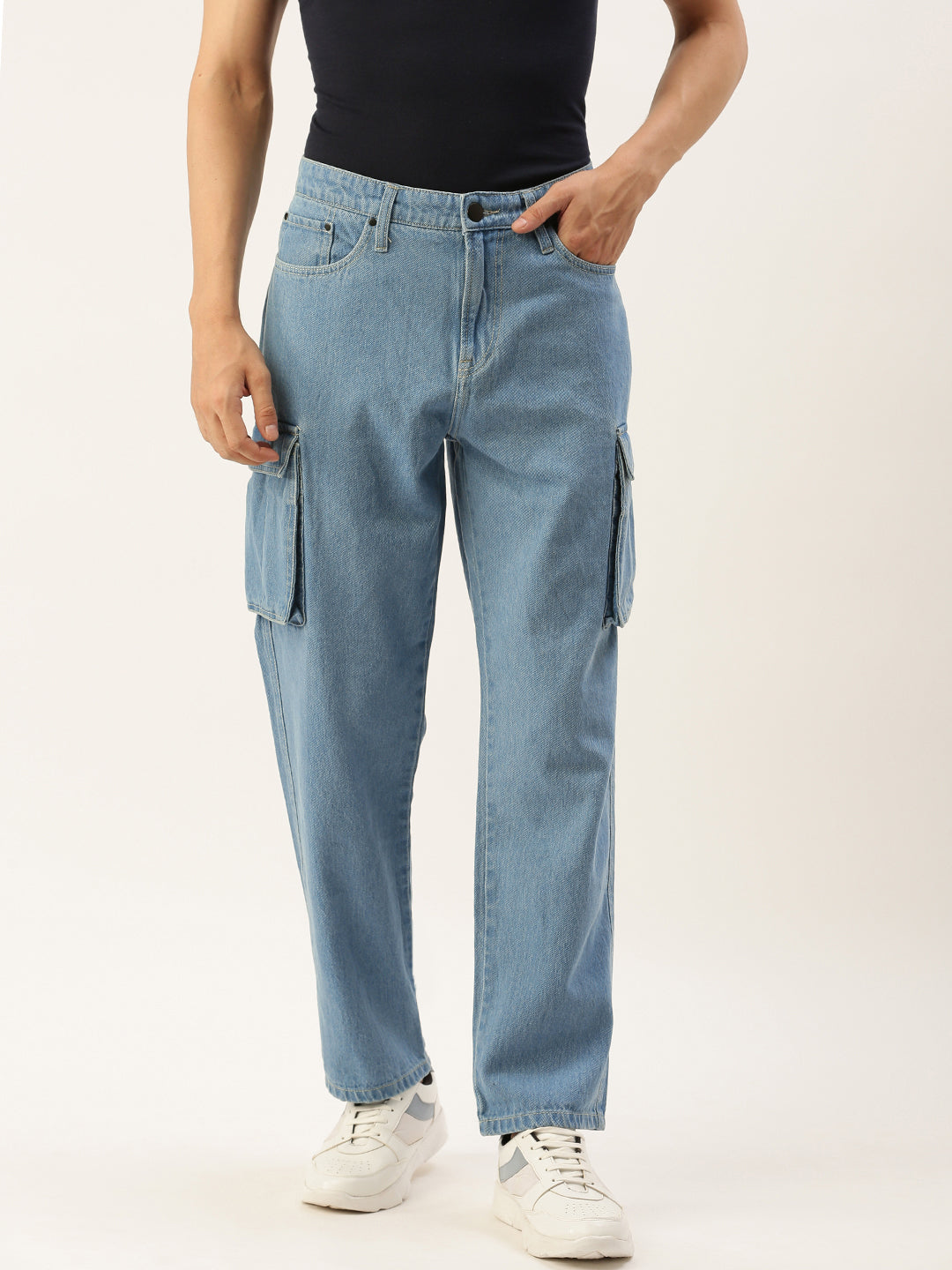 Men Light Blue Relaxed Fit Solid Cargo Jeans