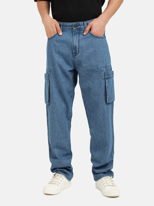 Men Blue Straight Fit Solid Denim Cargo Jeans