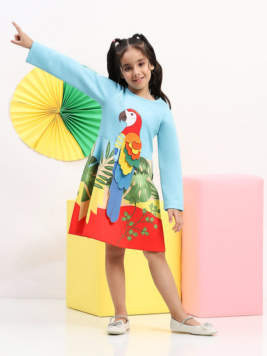 Blue Parrot Graphic Printed Dress for Girls