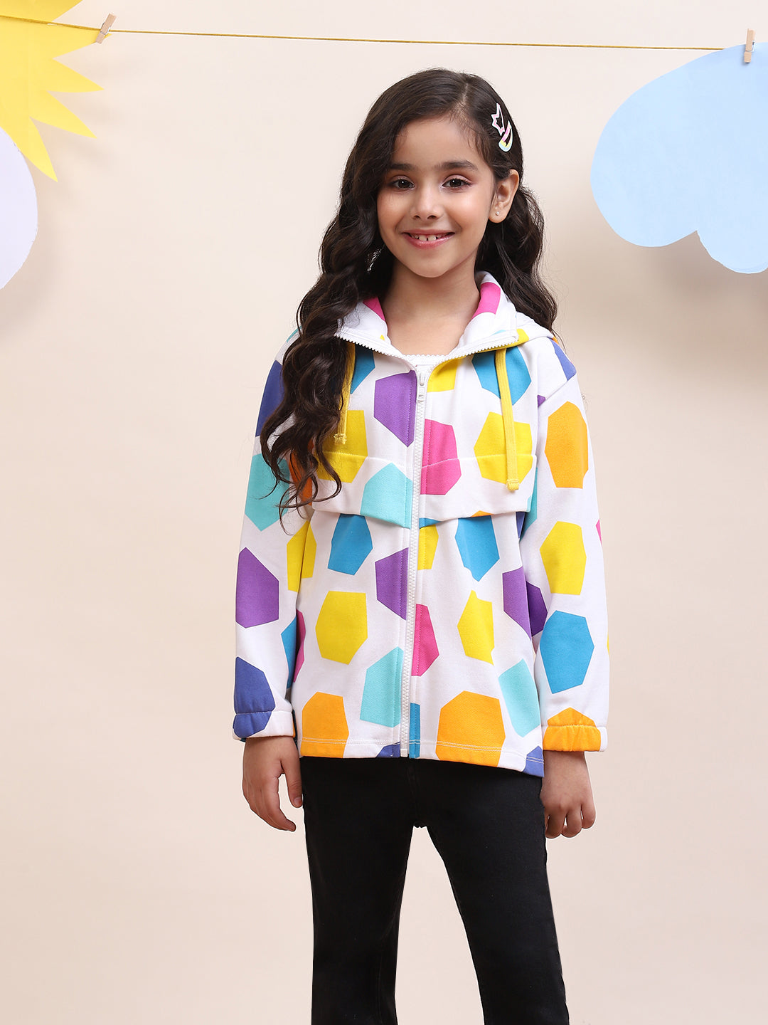 Girls' Colorful Geometric Print Zip-Up Jacket - Fun & Stylish Outerwear